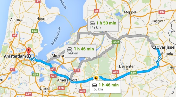 Description: Đường đi từ Amsterdam tới Overijssel theo Google Maps.